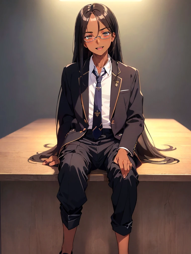 (1 feminine boy solo),(dark skin:1.5),(masterpiece:1.2), highest quality, High resolution, unity 8k wallpaper, (fine and beautiful eyes:1.6), highly detailed face, perfect lighting, Detailed CG, (perfect hands, perfect anatomy),20 years old, (black hair:1.3), detailed eyes, best quality, extremely detailed, very precise detailed, (glasses:1.4),  (open mouth:1.2), (middle straight hair:1.5), (evil smile:1.4) ,long sidelocks, (blush:1.3),(sit on desk:1.3),(Put left knee in front:1.5),(boy's school uniform long pant:1.5),(loosen necktie:1.2),spread legs,bend knee,(open shirt:1.3),