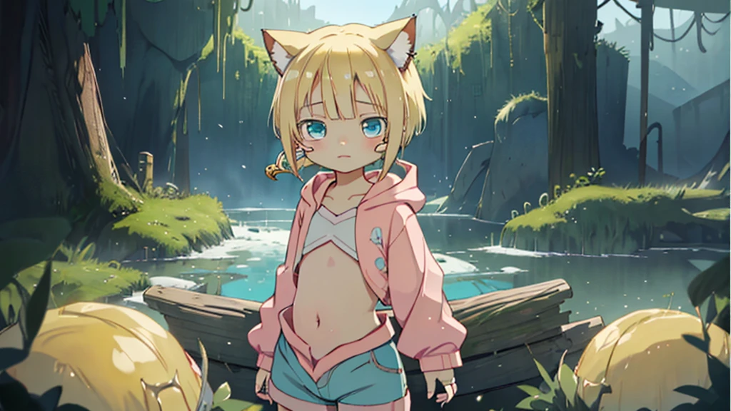 , my_Irumui,
she has (Blonde).
(Eye color is turquoise), SFW,
Blonde Hair、Short Hair、Cat ear、(Blonde rings:1.5),
White skin, Wooden village, (Flat Chest), Denim shorts,
outside, bright,, Pink hoodie,I tried drawing it in the style of Made in Abyss with the belly button sticking out.,
Soft lighting and detailed environments、Create immersive environments that inspire your imagination、Delivering high quality visuals, Dim lighting, Sharply focused, Octane Rendering, 8K Ultra HD