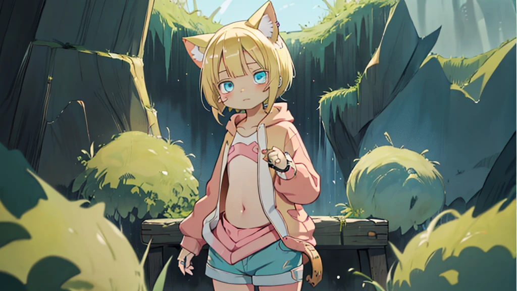 8-year-old girl, my_Irumui,
she has (Blonde).
(Eye color is turquoise), SFW,
Blonde Hair、Short Hair、Cat ear、(Blonde rings:1.5),
White skin, Wooden village, (Flat Chest), Denim shorts,
outside, bright,, Pink hoodie,I tried drawing it in the style of Made in Abyss with the belly button sticking out.,
Soft lighting and detailed environments、Create immersive environments that inspire your imagination、Delivering high quality visuals, Dim lighting, Sharply focused, Octane Rendering, 8K Ultra HD