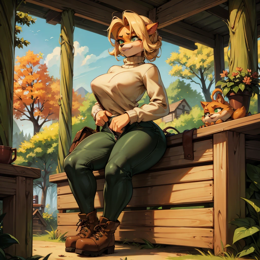 sancy anthro bandicoot girl redhead, braided hair, beautiful green eyes, sexy ,seductive, warm sweater, , camouflage pants, army boots, , Cozy autumn atmosphere, , the forest, autumn , Girl in sweater, ,trousers, army boots, furry anthro bandicoot, seductive facial expression wide grin , hands to pants,Unzipped Pants, dynamic pose, futanari, lewd, panties hide the penis