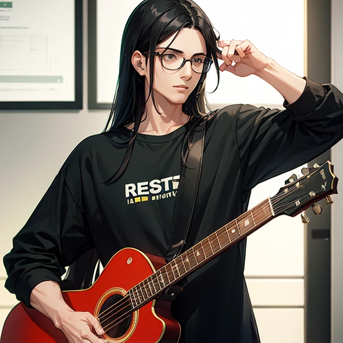 man, young man, man black hair, long hair, black eyes, plain green t-shirt, Pantalones cortos para man, big glasses, guitar, Photo, exterior, realistic lights and shadows, Very detailed
