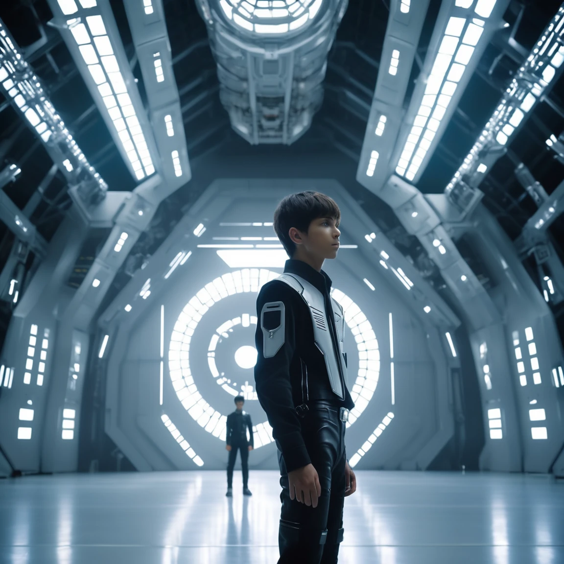 Shinji Ikari Photo,20Teenage Boy Futuristic Hangar Door Background, Medium Shot, 8K Ultra HD, Digital SLR, Cinema Lighting,