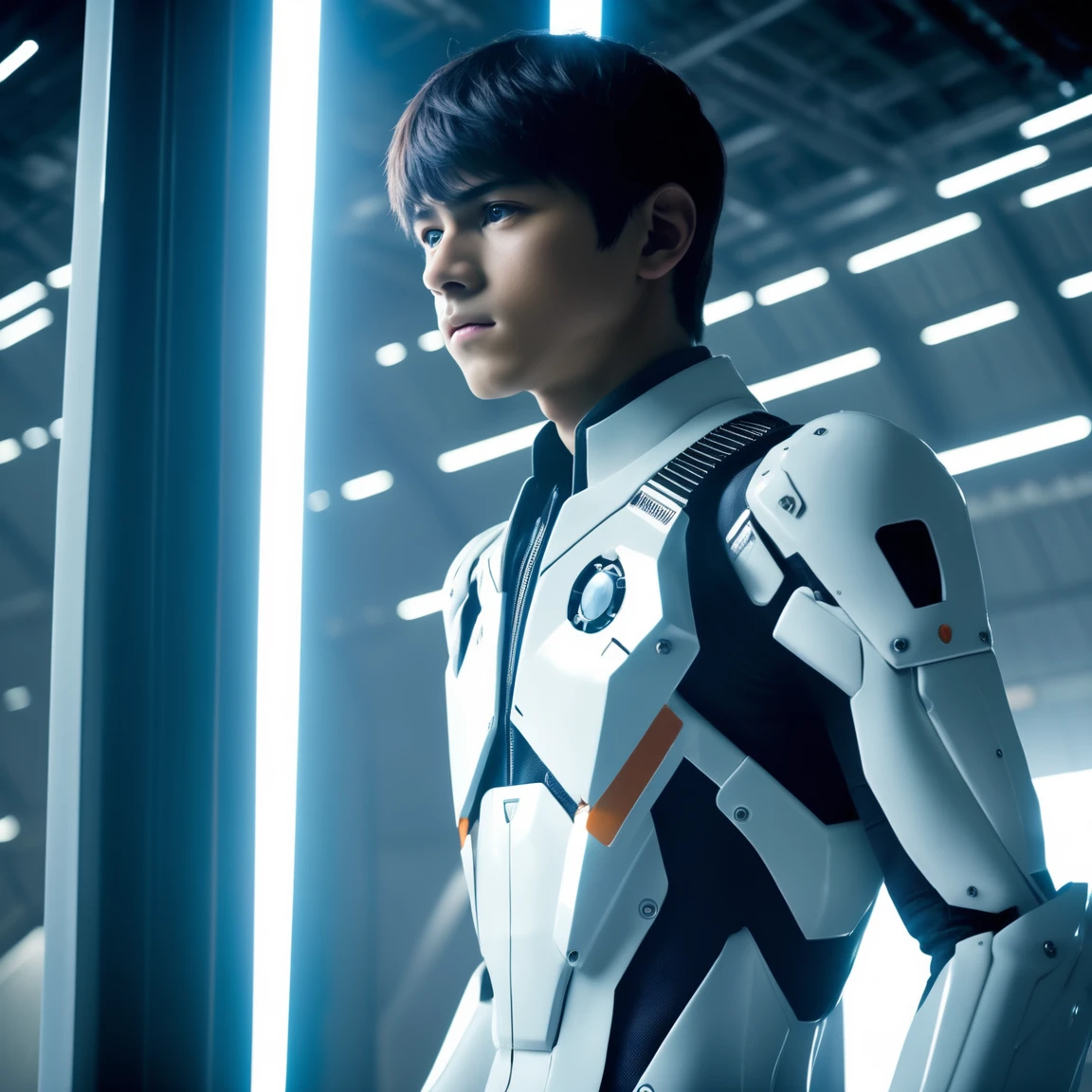 Shinji Ikari Photo,２０Teenage Boy Futuristic Hangar Door Background, Medium Shot, 8K Ultra HD, Digital SLR, Cinema Lighting,