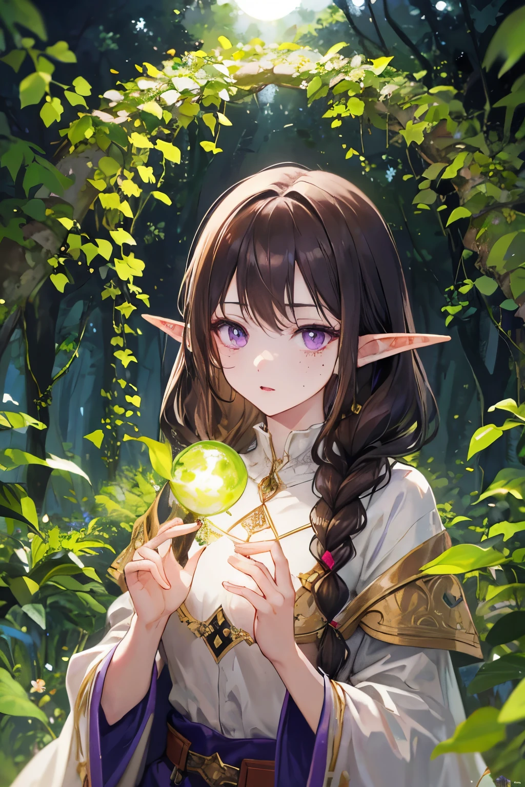 ((best quality)), ((masterpiece)), (detailed), 1girl, (masterpiece), best quality, expressive eyes, perfect face, magical, fantasy, woman, adult woman, Half-elf, druid, long brown hair, hair half up half down with braids, lavender purple eyes, gold accessories, fair skin, pretty, freckles, in forest, druid clothing, magical glowing, magical forest, nighttime, casting a magical spell, casting spell, majestic, glowing light magic, epic, powerful, greenery, vines, nature, flowers