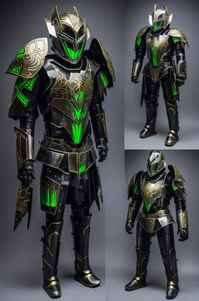 TH30 - Mecha Costume, which designed in style of old knights in Middle Ages. He has a pattern of silver and gold colours on his plates, while also his visors blink with the green lights inside of the helmet. Little holes around the costume produce little tongues of fire around his wrists and legs, ready to burst out for a flight command or a flame attack. He also has a pattern of the little green transparent lines behind his back, representing clothing's familiar to the long thin jackets.
