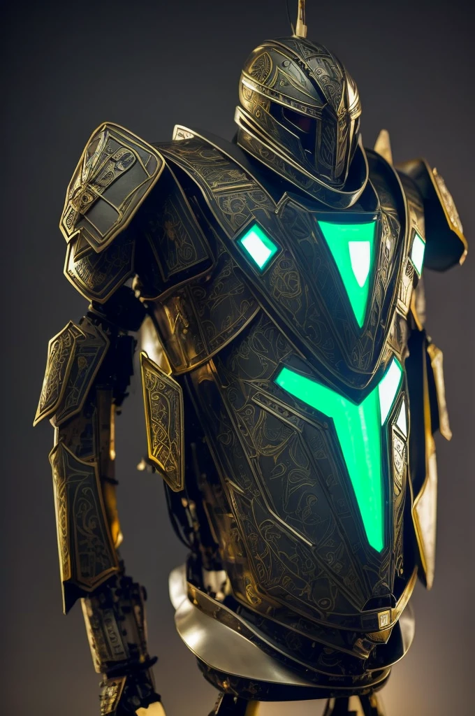 TH30 - Mecha Costume, which designed in style of old knights in Middle Ages. He has a pattern of silver and gold colours on his plates, while also his visors blink with the green lights inside of the helmet. Little holes around the costume produce little tongues of fire around his wrists and legs, ready to burst out for a flight command or a flame attack. He also has a pattern of the little green transparent lines behind his back, representing clothing's familiar to the long thin jackets.