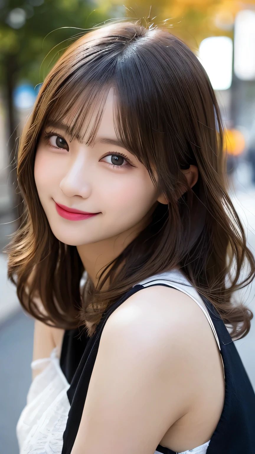 Tabletop, Highest quality, figure, Super detailed, In detail, High resolution, 8k wallpaper, Perfect dynamic composition, Beautiful attention to detail, Autumn fashion for women,Wavy Hair,huge 、Natural color lip, Bold sexy pose,smile,Harajuku、20-year-old girl、cute、sexy shot looking at camera、Close-up of face