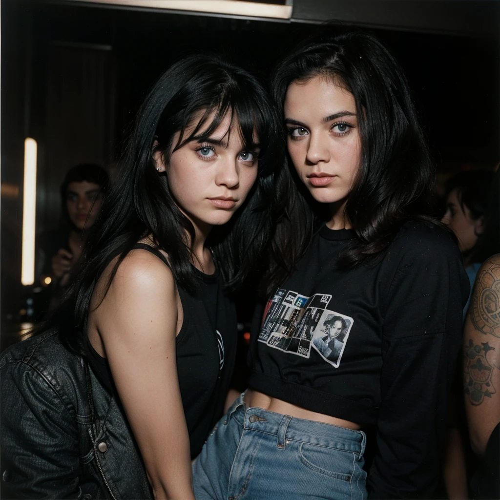 1980s Kodak photo of a young 25 year old rock girl with black
hair , blue eyes ,wearing blck rock clothes in night club
, photography by nan goldin, faded, film grain, cross processed image