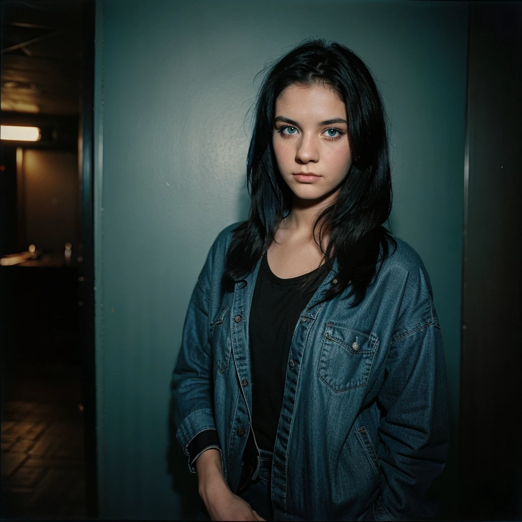 1980s Kodak photo of a young 25 year old rock girl with black 
hair , blue eyes ,wearing blck rock clothes in night club
 , photography by nan goldin, faded, film grain, cross processed image