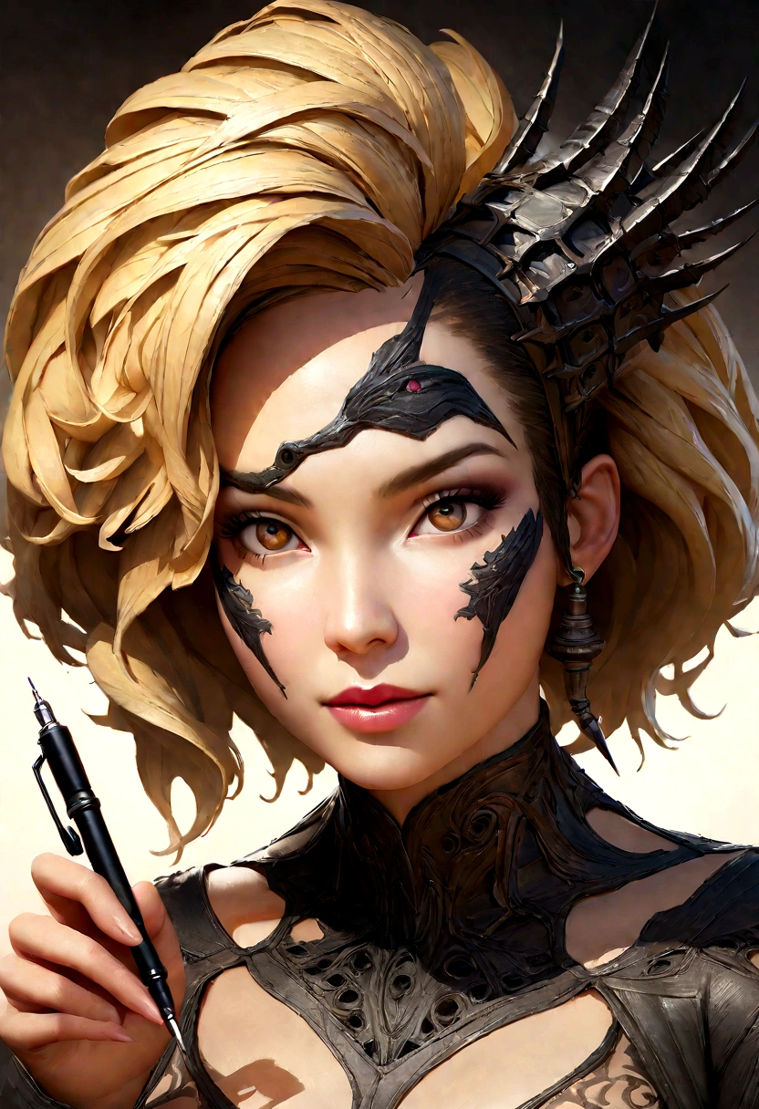 body art style, beautiful blonde woman with black and white stripes in clothes, trending on Zbrush, smooth metal head, Airbrush, untouched skin, Smooth lines, makeup, realistic, bright colors, high detail, UHD picture, pen and ink, perfect composition, Beautiful, detailed, complex, insanely detailed octane visualization, Trending on ArtStation, 8K Fine Art Photography, photorealistic concept art, soft natural volumetric cinematic perfect light