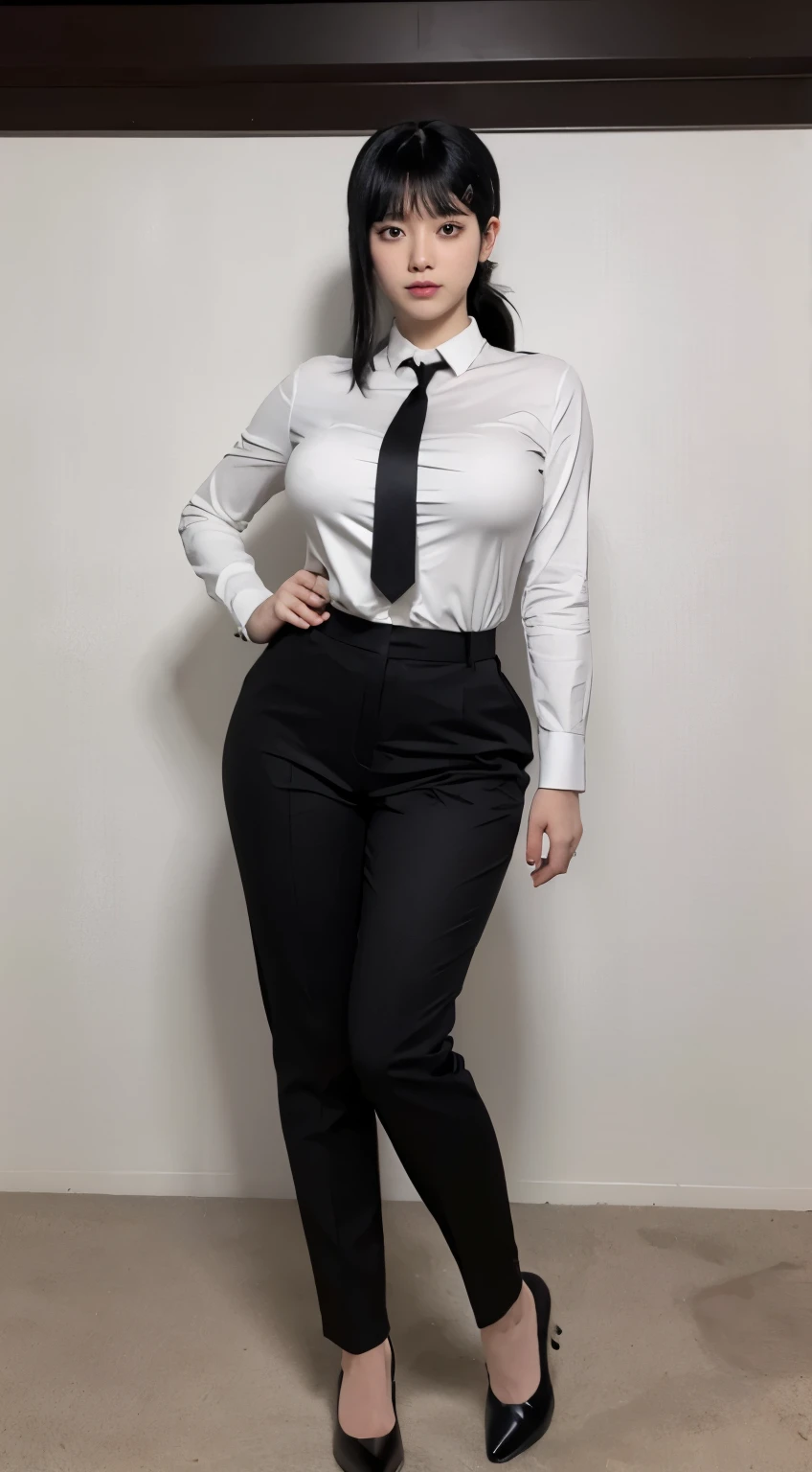 Highest quality、Ultra-high resolution、Professional Lighting、Detailed Background、workroom、full body,Kobeni-chan、A sloppy smile、25-year-old woman、beautiful girl、(Kobeni-chan、Jet black hair, Black Hair, bangs, One-sided hair,)、(Red Hair Clip:1.1)、(White shirt:1.2)+(Black tie:1.2)+(black long pants for work:1.2)、(Huge breasts that look like they might burst:1.2)、(Big thighs:1.1)、Are standing、Model pose