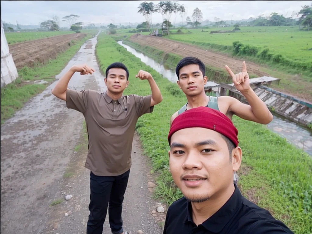 3 indonesian man photos wearing armor with background epic landscape forest