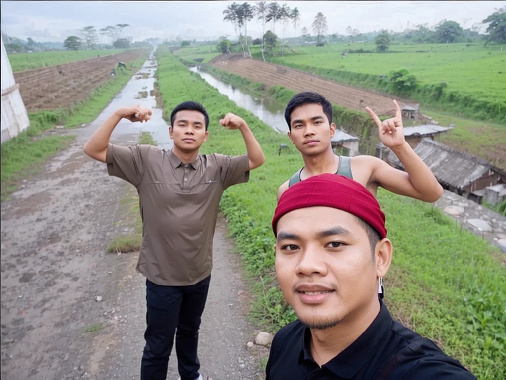 3 indonesian man photos wearing armor with background epic landscape forest