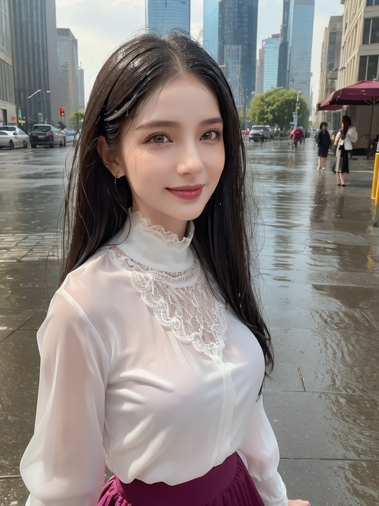 ((best quality, 8K, masterpiece: 1.3)),upper body,Black Hair, black eye,sharp focus: 1.2, beautiful woman with a perfect body: 1.4, ((midiam hair, large: 1.2)), (small and beautiful hard (White long sleeve blouse with lace、Silk Tight darkmagenta long skirt), (wet from rain: 1.2), (rain, street: 1.2), wet body: 1.1, Highly detailed face and skin texture, detailed eyes, double eyelids, White skin,,E cup,smile,Financial district of the big city,Skyscraper,White skin,Wet Hair、Wet Skin、Wet clothes、smile、