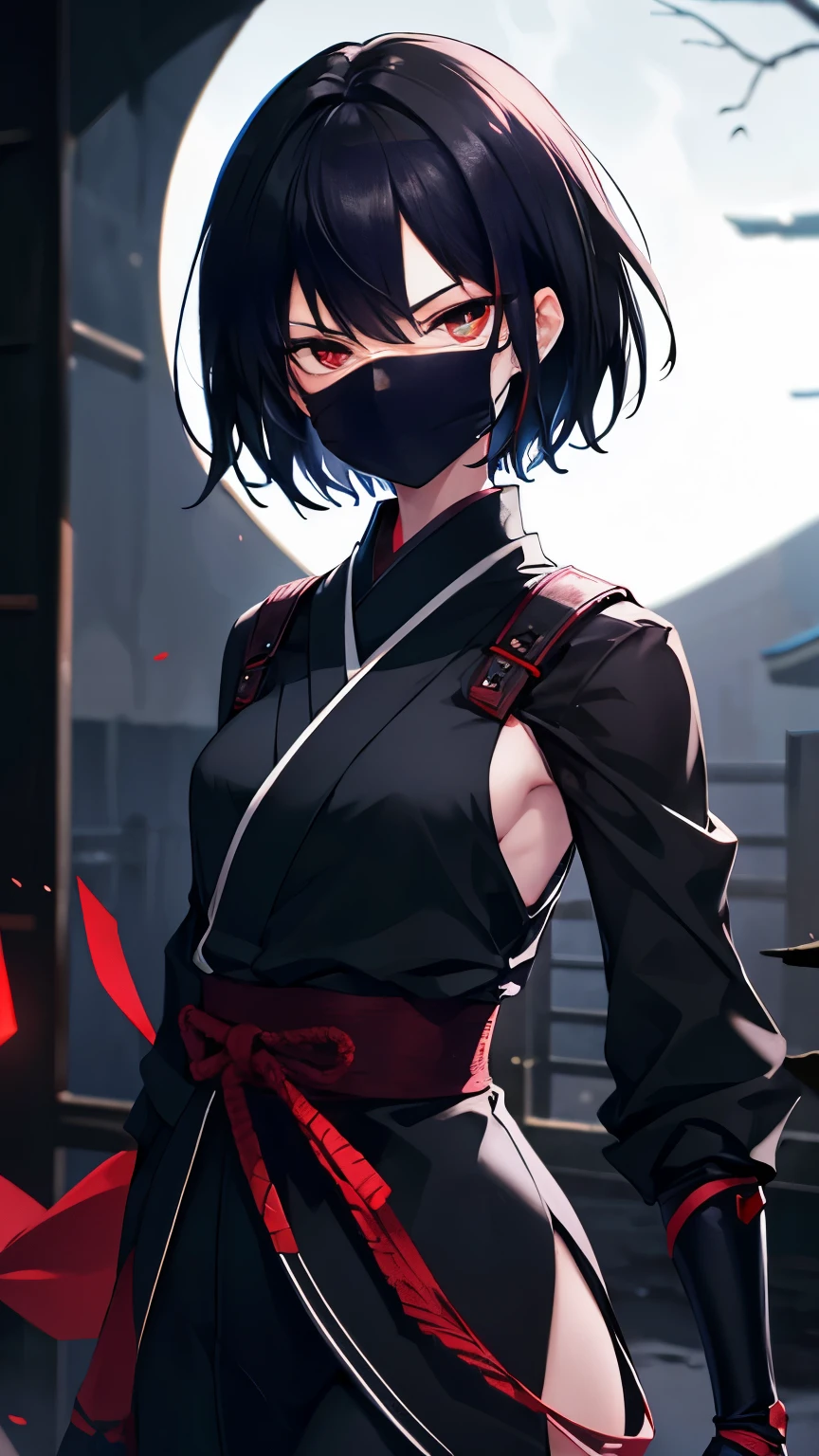 High resolution,high resolution,Girl,Black Hair,Short Hair,Red Eyes,Slanted Eyes,Bad mood,boyish,slender,Toned body,Ninja,Kunoichi,Black Mask,Moonlit Night,Japanese Castle