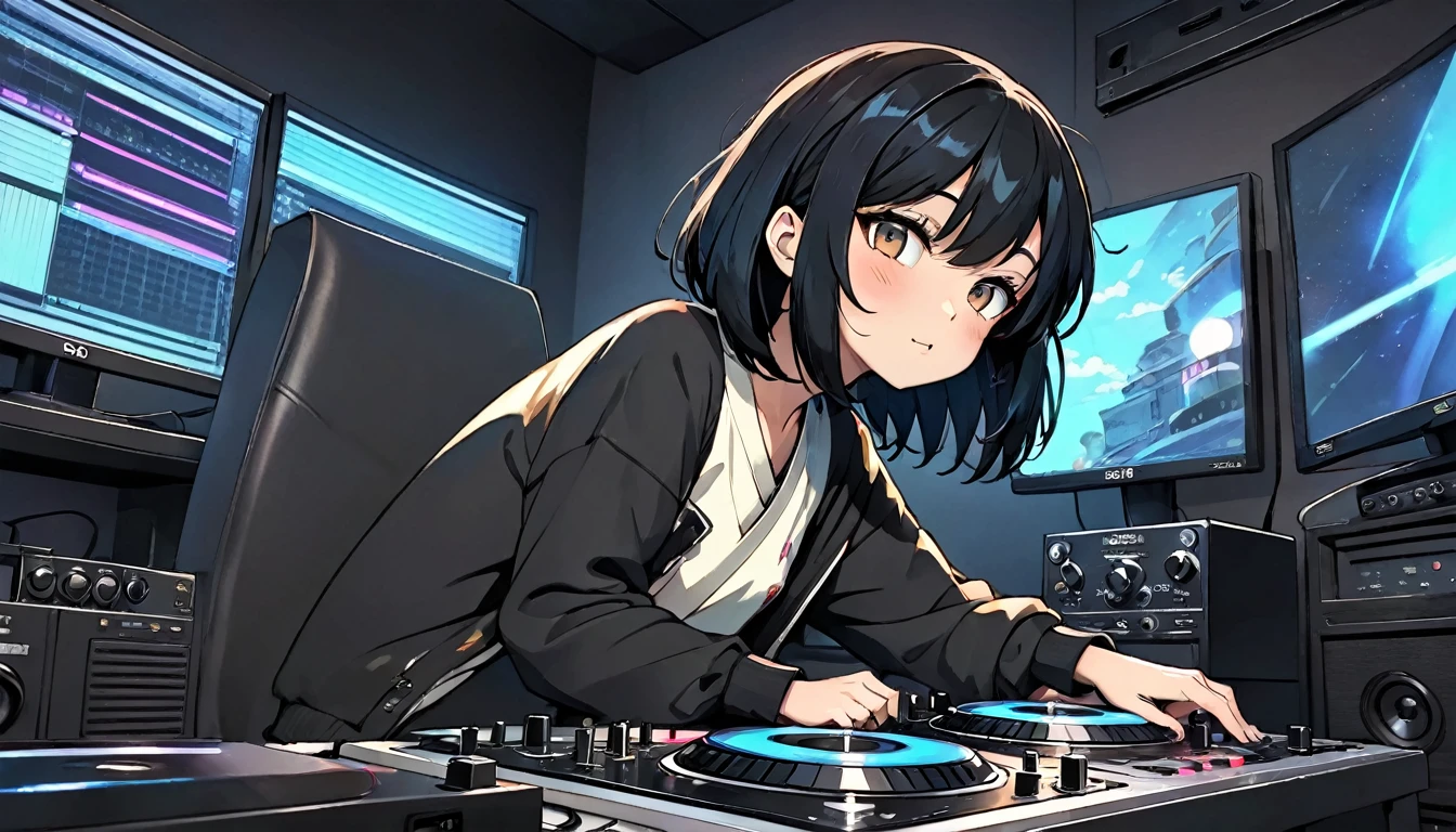 Cartoon style image of a DJ mixing music in a recording studio, lofi hip hop, Chill Hop, quiet, lofi giRl, lofi, quiet beauty, , R&b, lofi feel, lofi aRt, Beasts, Gwaiz, Lo-Fi, 1 person, Japanese, Angle from the front, Black Hair, Bob Hair