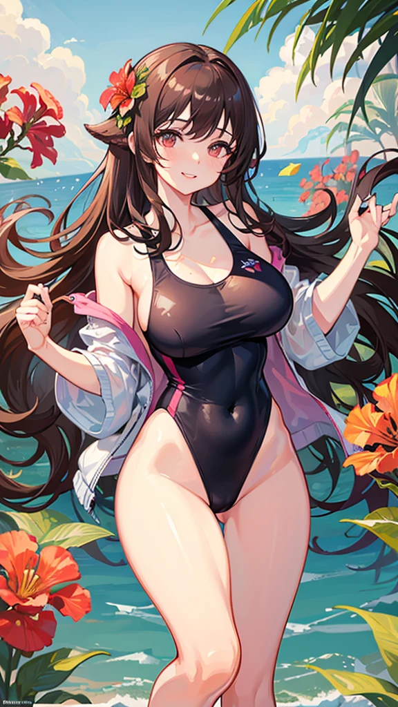 Highest quality, shape, Very detailed, In detail, High resolution, 8k wallpaper, Perfect dynamic composition, Beautiful details, Center of chest, Natural color lip, Random sexy poses,smile,20-year-old girl,Huge ,A woman with long wavy brown hair wearing a floral one-piece swimsuit