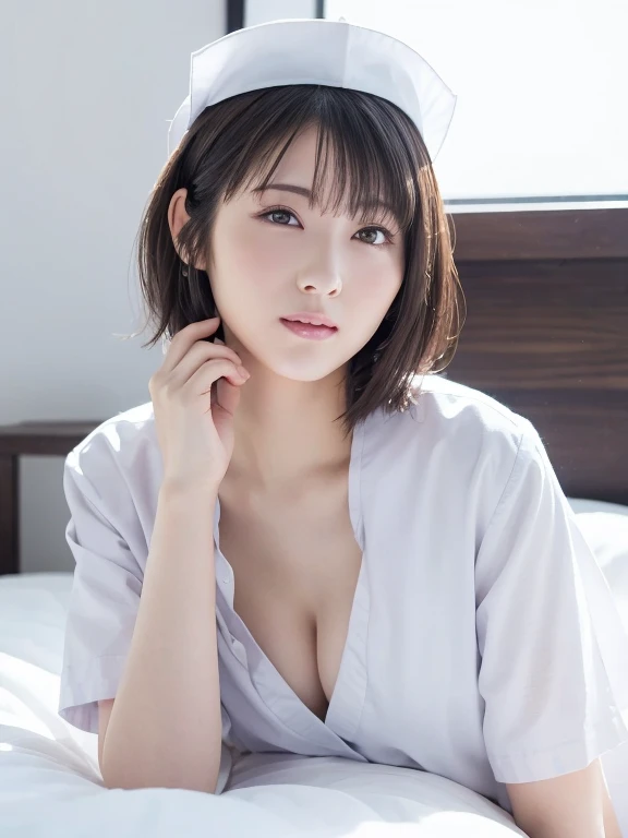 1. A pure woman,(Wearing white nurse clothes:1.2),(RAW Photos, Highest quality), (Realistic, photo-Realistic:1.4), masterpiece, A very delicate and beautiful 20-year-old woman, Very detailed, Great Skin, Detailed face, A cool smile、Clean look、Twinkle Eyes,  Ample breasts、High resolution, Soft Light, Beautiful detailed girl, Very detailed eyes and face, Beautiful and detailed nose, nurse, Perfect Anatomy, Black Hair, nurse uniform, ((nurse cap)), White Uniform, Hospital room,Lying on the bed、Cleavage、 ((High resolution)),  short hair, bangs,Face Focus、