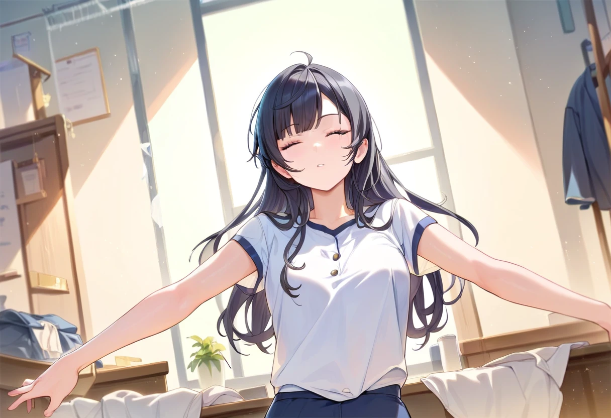 score_8_up, masterpiece, best quality, 1girl, solo, in a study room, black long hair, short sleeve shirt, stretching, facing viewer, 