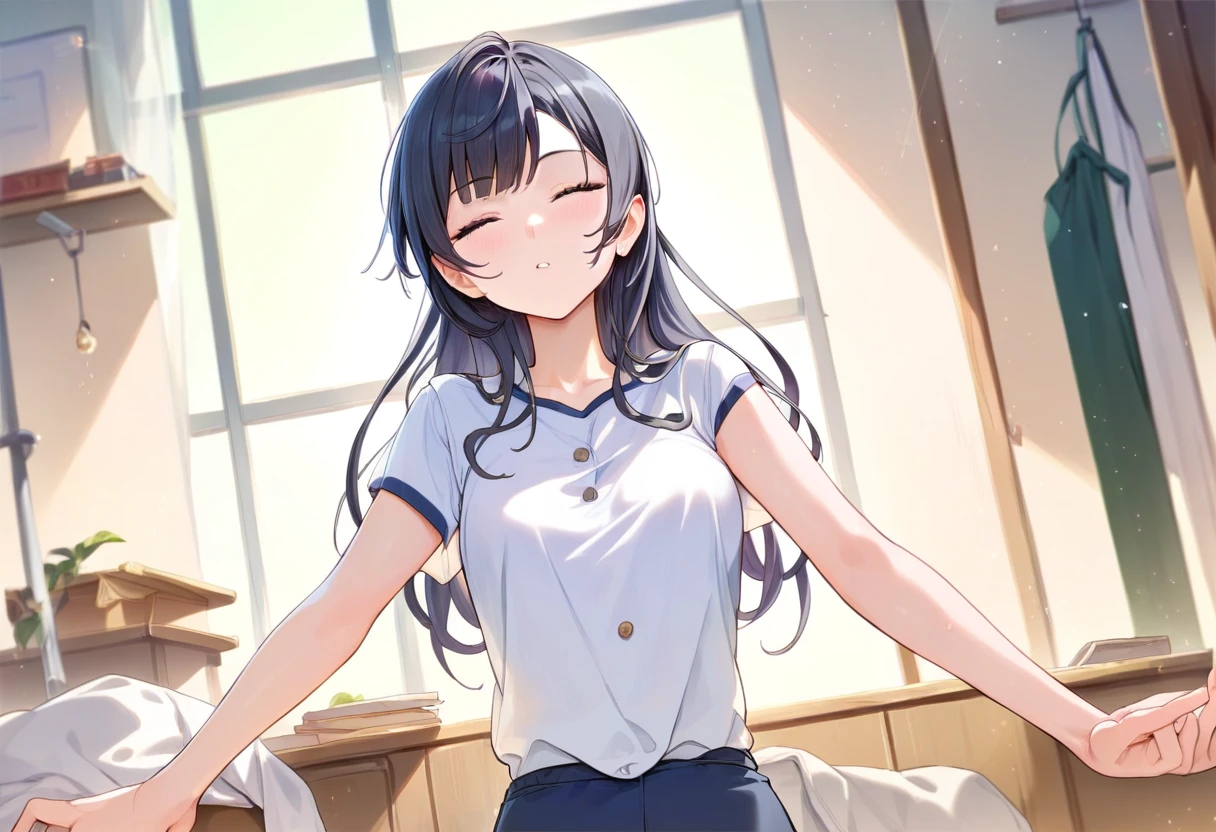 score_8_up, masterpiece, best quality, 1girl, solo, in a study room, black long hair, short sleeve shirt, stretching, facing viewer, 