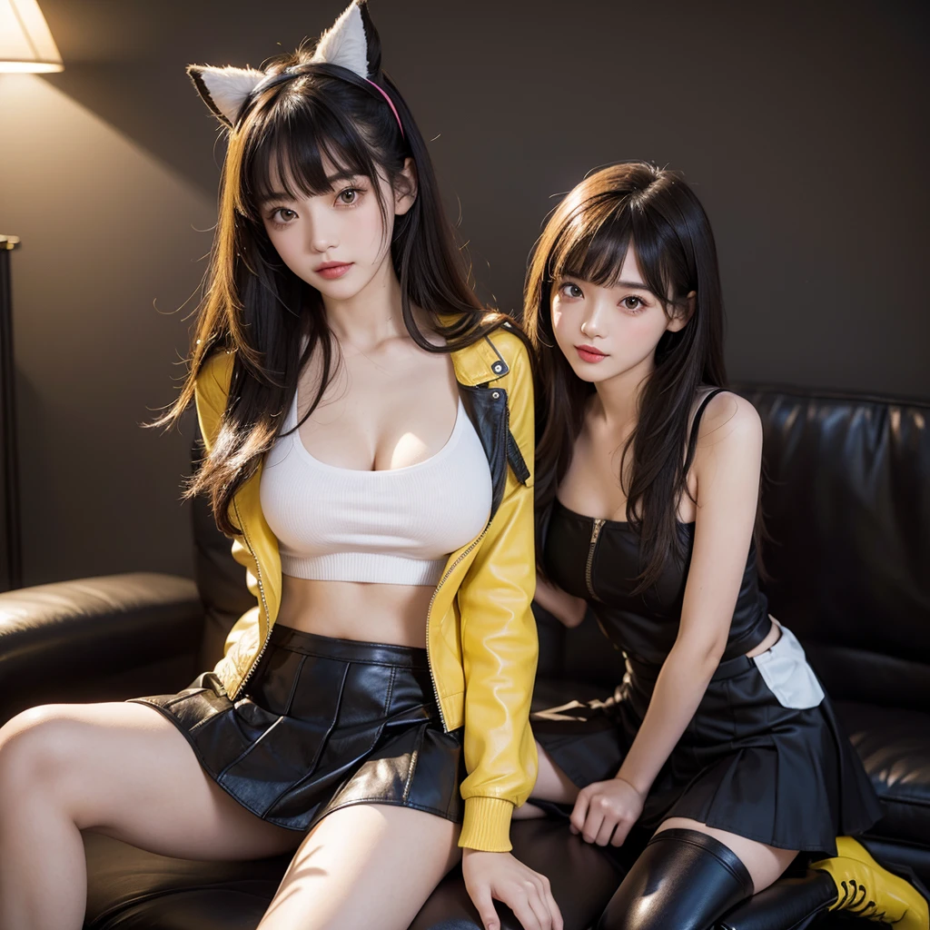 bangs down，beautiful girl，Maid clotheasterpiece，perfect face，perfect breasts，long hair，Outstanding style，stimulating，Cute outfits，Horny girl，double eyelid，Naughty Girls，Erotic and cute，mini skirt，ribbon on uniform，colorful hair color，yellow eyes，leather jacket，horny girl，Knee-high boots，
Colorful，multicoloured，future fashion，smile，，zipper bra，Multicolored clothing