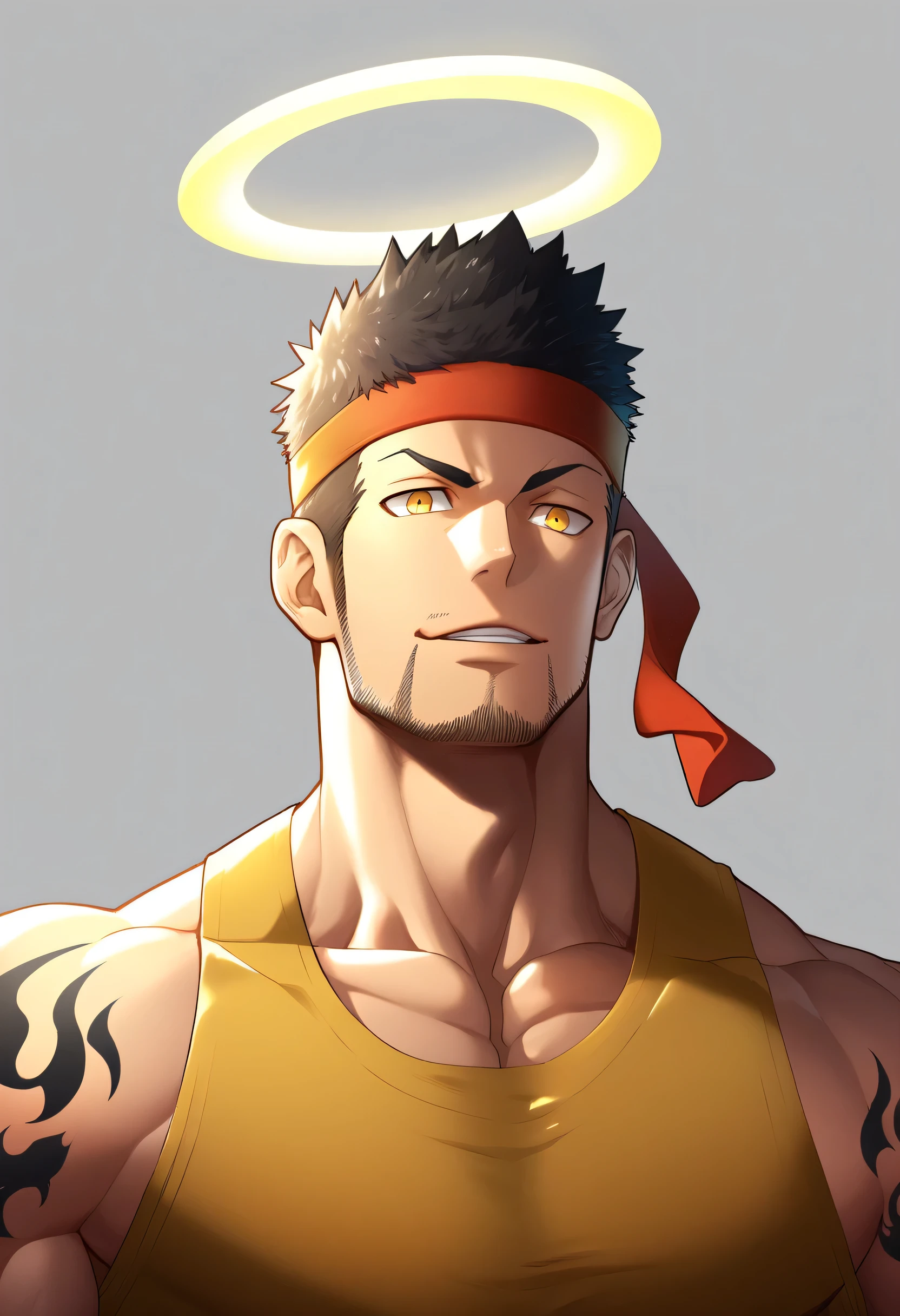 anime characters：Gyee, priapus, 1 young muscular man, male focus, Flame tattoo, sports Red headband, Dark Yellow spandex tight tank top, Very tight, muscular male, muscular, Round, firm and full chest muscles, only, Upper body, alone, Black short hair, Thick eyebrows, stubble, Yellow eyes, White background, simple background, amazing quality, best aesthetics, Ridiculous, bright pupils, crew cut, naughty face, torogao, parted lips, halo, god rays, best quality