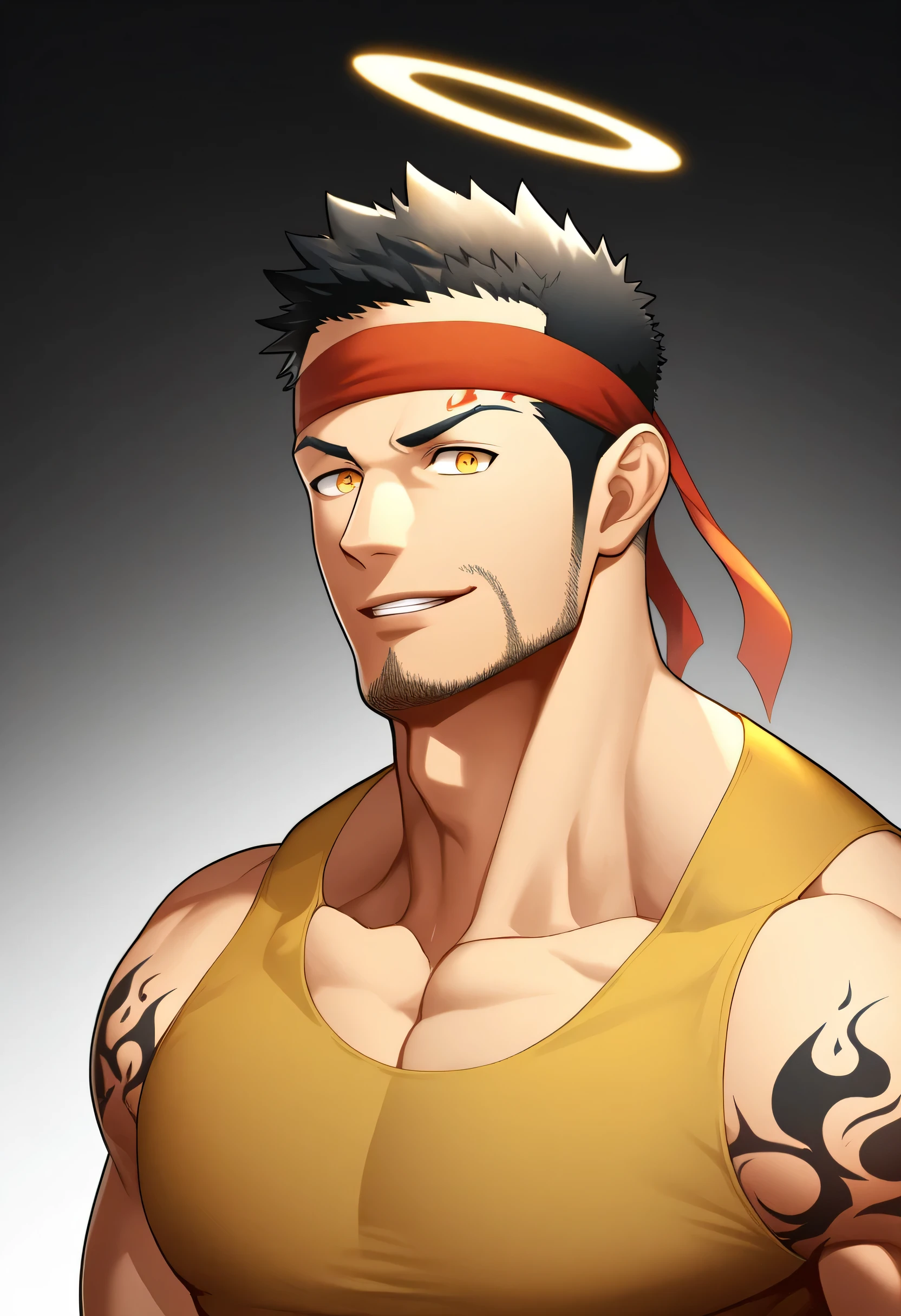 anime characters：Gyee, priapus, 1 young muscular man, male focus, Flame tattoo, sports Red headband, Dark Yellow spandex tight tank top, Very tight, muscular male, muscular, Round, firm and full chest muscles, only, Upper body, alone, Black short hair, Thick eyebrows, stubble, Yellow eyes, White background, simple background, amazing quality, best aesthetics, Ridiculous, bright pupils, crew cut, naughty face, torogao, parted lips, halo, god rays, best quality