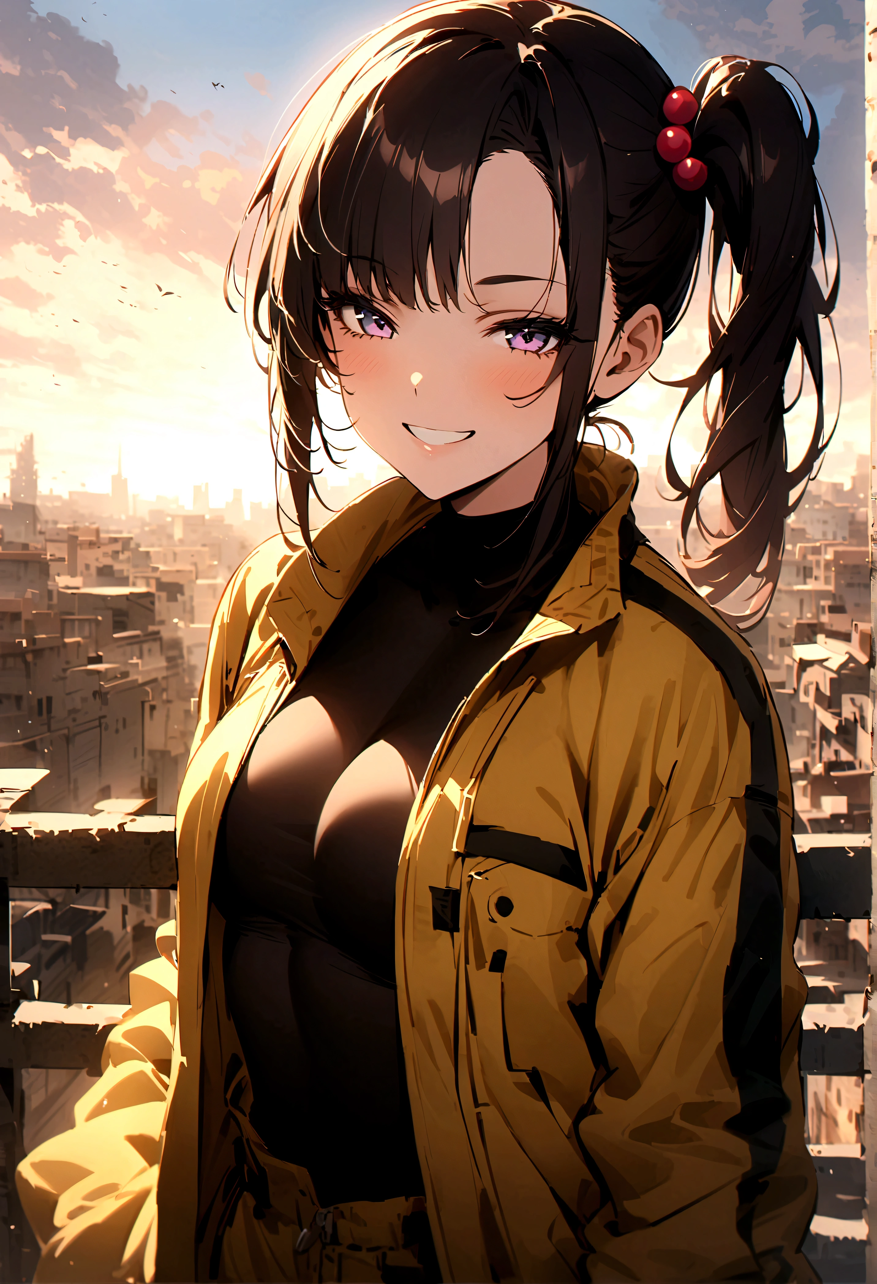 score_9、score_8_up、score_7_up、score_6_up、rating_safe、source_anime、perfect anatomy、ultra details、urami kana、1girl、solo、side ponytail、sidelocks、asymmetrical bangs、hair bobbles、yellow jumpsuit、open jumpsuit、black bikini、brown boots、looking at viewer、smile、grin、half closed eyes、standing、outdoor