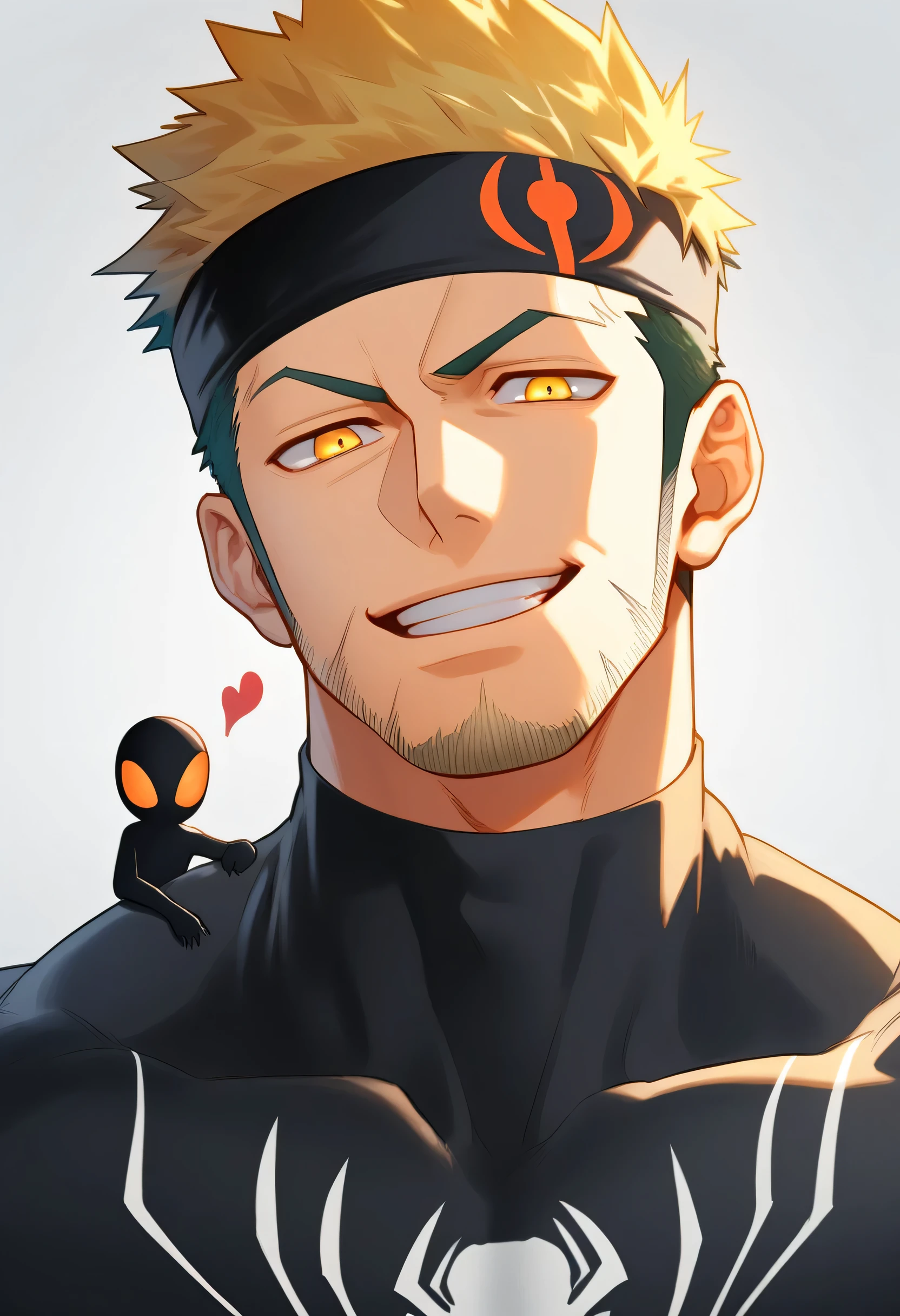 anime characters:Gyee, priapus, ung muscular man, male focus, sports Black headband, Black Spiderman Turtleneck Bodysuit, Spider-Man logo, muscular male, Round, firm and full chest muscles, only, Upper body, alone, Yellow short hair, stubble, Yellow eyes, Wink, White background, simple background, amazing quality, best aesthetics, Ridiculous, bright pupils, crew cut, naughty face, torogao, parted lips, best quality