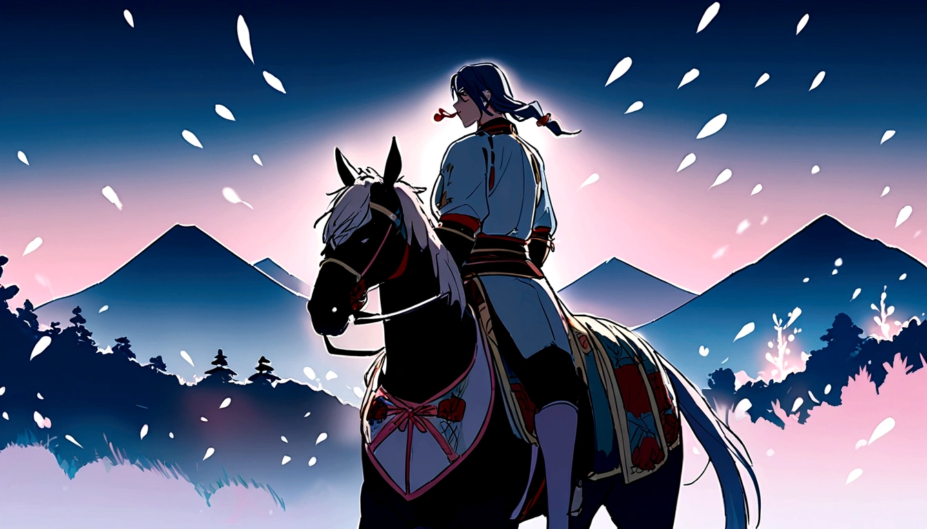 1 person, Samurai on horseback, armor,male,Back view,Highest quality,summer, Mountain々