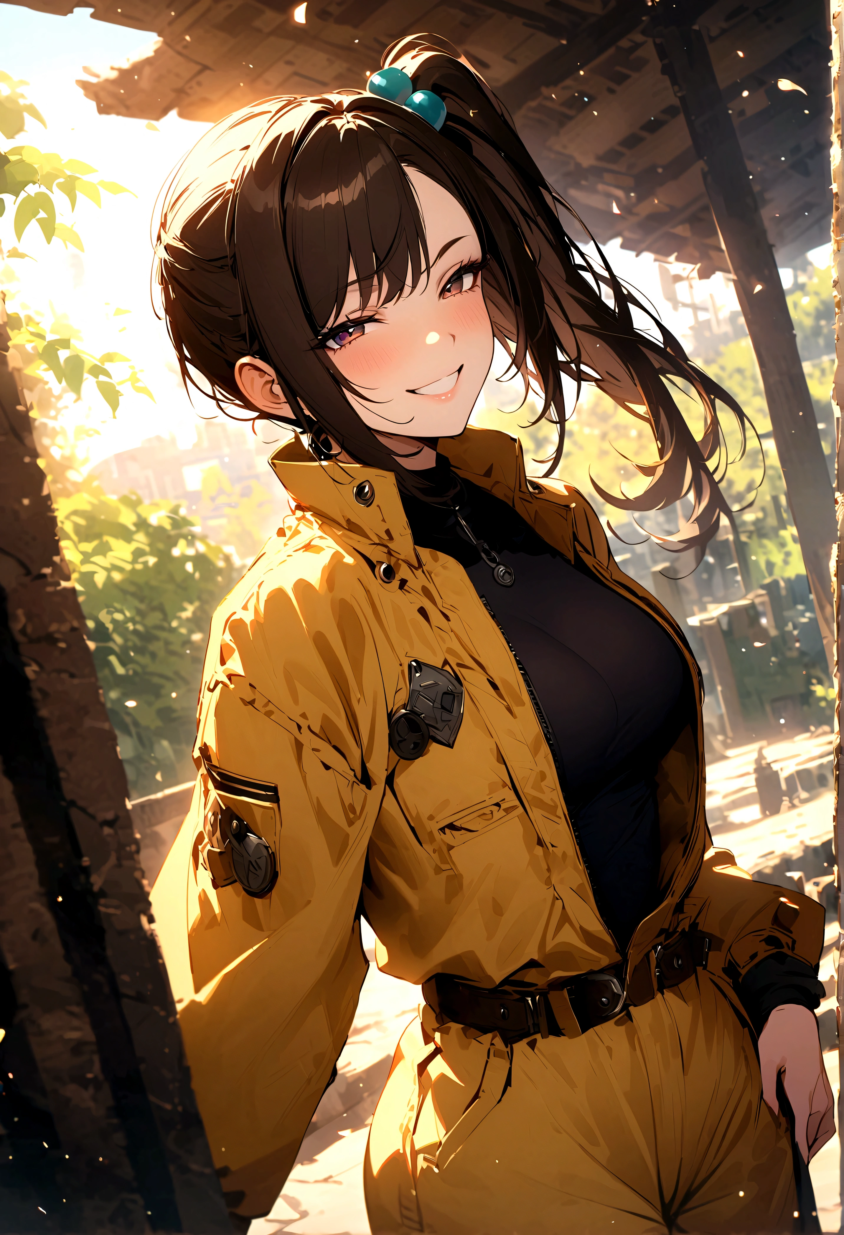 score_9、score_8_up、score_7_up、score_6_up、rating_safe、source_anime、perfect anatomy、ultra details、urami kana、1girl、solo、side ponytail、sidelocks、asymmetrical bangs、hair bobbles、yellow jumpsuit、open jumpsuit、black bikini、brown boots、looking at viewer、smile、grin、half closed eyes、standing、outdoor