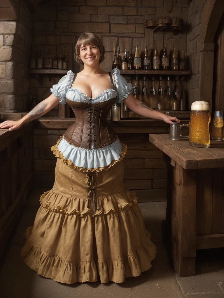 (background is oversized medieval tavern:1.3), she is looking up at the camera, (doll-sized:1.3) (thicc:1.4)  21-year-old (mayim bialik:1.2) (kneeling on an oversized bartop:1.4) (holding oversized beer mug:1.5),  (medieval barmaid frilly dress and corset:1.5), (enormous breasts:1.2),  (tattooed:1.3), (aquiline nose:1.3), (short brown pixie haircut:1.5), (closed sultry smile:1.2), knees bare