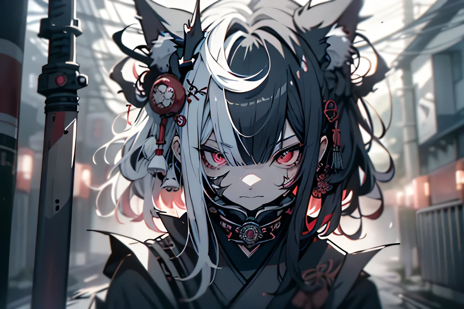 (((kimono)))、(((Big Japan sword)))Close up of, big eye, eye, compound eye, Unique Students, Unusual students,Kaneki, monochrome, Radioactive light, anime 2018::1, red::1, Neon color::1,, Part 1.5, Detailed face, super high quality, Ultra Graphics, flowering 1.0, vampire, depression, Super realistic, Anime reality,Anime Shōnen, Dark Style, High resolution, RTTX 10.0, The body collapses , Detailed face,Soft Lighting, Xin Haicheng,Digital Painting,Look up at the camera", 8K, Extra limbs,big dreamy eye,Blurred, Smooth and soft skin, cloned face, Symmetric,Neon liquid, leaks from the eye,anime art,photograph, Face cracks .......key: red, blood from the eye, Realistic, Realistic light, Realistic anime, Realistic Shadows, liquid, Dripping from the trees,Depressing, cloud, cherry blossoms, Red spider lily detailed eye, eye focus, Eyelashes, fluffy lower eyelashes:1.5, pale face, Very red eye, Gloomy atmosphere, Scary photograph, forest, haze, Neon Red Liquid, Falling from the trees, dark atmosphere, The body collapses, Braid, rain, There's blood on the ground, fire, eyeClose up of,better generation, ultra generation, 3000th generation, 2048×2048......., Facial details, Garment details, Symmetric balance, Tokyo Ghoul, vampire, Kaneki, Anime 2020, Water and Sky, Black Hair,Detailed Hair, Tokyo Ghoul, Kaneki, vampire, DepressingArt, depression, Malaise, sorrow, cry, pain, Black Smoke, Black Energy, Tentacles, Kagune, Bloods, There is blood on the face, Bloodbath, Shackles, Barbed wire, fire, Wide-angle camera, There are lots of small details, Red spider lily, cherry blossoms, sweet, Scalopendra, Black background, case hole, Death Within, dead art, Lying on the grass, Manga Style, Comic book style, Multiple frames, the body is destroyed, manga page, Eyes are everywhere, Lots of eye in the background, Illustration by Sui Ishida, Ishida Mizuga, Ishida water flow, Two people, Fully grown, Depressing posture, Pau Flower