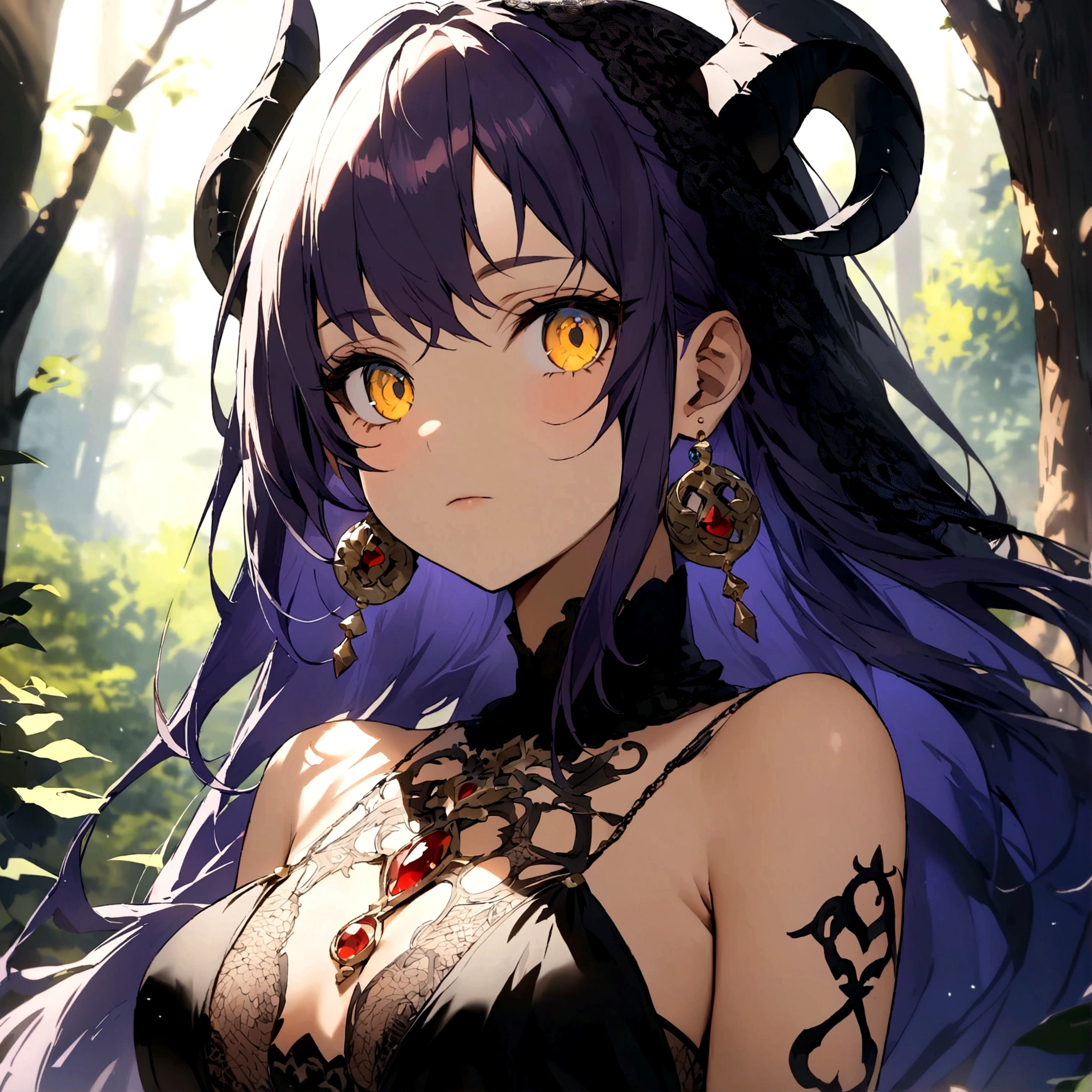 art modern 8k full HD Girl Naruto crut espetado hort raspado baixo molhado com gel yelow purple brilhante hair dragon horns, hair diamond , black fire eyes fair skin smooth metal earrings, patterned Nordic evil face + tatuagem de cat em volta dos olhos head raised elegant standing stunning beauty, pure perfection night On the water half body, forest, depth of field, staring at the camera, two-dimensional desenho a lápis 8b giz de cera em grafite perfeito riscos fortes style