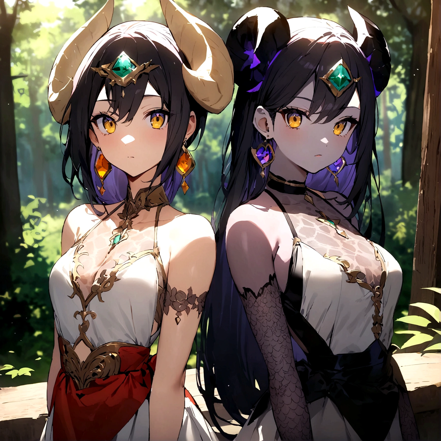 ((best quality)), ((masterpiece)), (detailed), 1 draconian-woman, 8k_wallpaper, extremely detailed eyes, (large masterpiece digital art), (intricate details:1.3 ), (ultra-detailed:1.3), (sharp focus:1.3), (natural lighting:1.05), (vivid colors:1.3), (best quality:1.4), high quality, expressive eyes, full body, detailed face, beautiful face, perfect face, ((hair sandy white curls and dragon dark blue horns)), (gold eyes), {{dark skin}}, ({dark skinned female}), big breasts, (huge chest), strong powerfully visible muscles of the abdomen and thighs and legs, strong muscles of the arms, bold and decisive playful look of golden eyes, a predatory and vulgar smile with many fangs, she is wearing an open dark blue silk lush kimono with patterns of golden maple leaves, a white translucent cotton crop-top outlines of nipples under clothing, leather mini-shorts, lowered leather wide red belts on the waist with large yarn, a backpack with a two-handed katana, behind there is a long large dragon dark blue tail growing from the butt, she walks along a path against the backdrop of a dense forest and the ruins of an old castle, sunny clear day, fantasy style character concept art,
