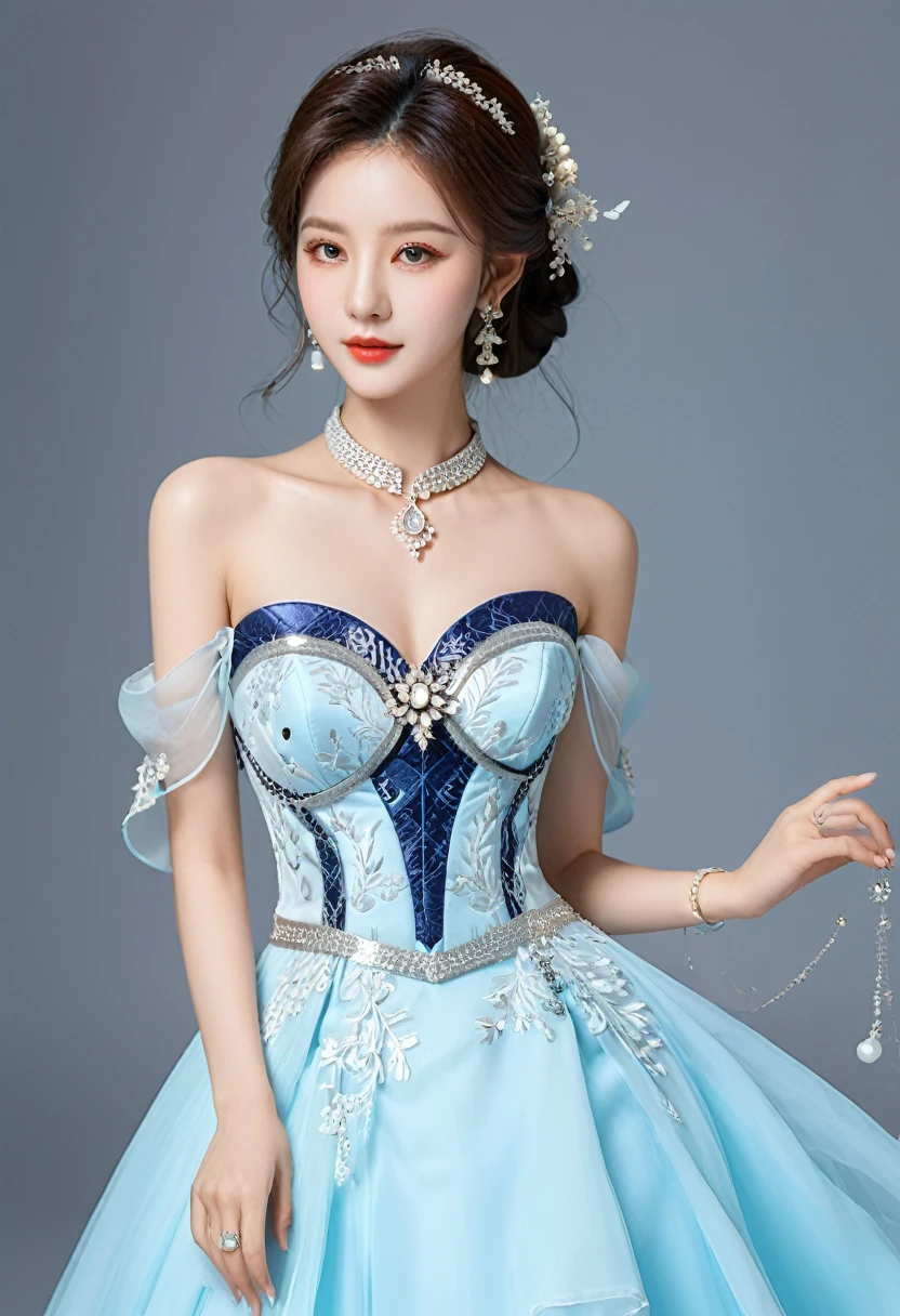Realistic photo style, whole body 사진에 아름다운 아시아 소녀가 등장합니다., Wearing a unique ethnic style evening gown with delicate skin., bright and lively eyes, Thick eyelashes that look especially attractive. Long dresses are slim and elegant., Eye-catching silver jewelry and alcohol. The high-collar design adds an elegant atmosphere., Color of blue and white porcelain. using light and shadow, The vivid and harmonious appearance of the protagonist is highlighted... whole body, (masterpiece, best quality, professional, perfect composition, very aesthetic, absurd, very detailed, intricate details:1.3)