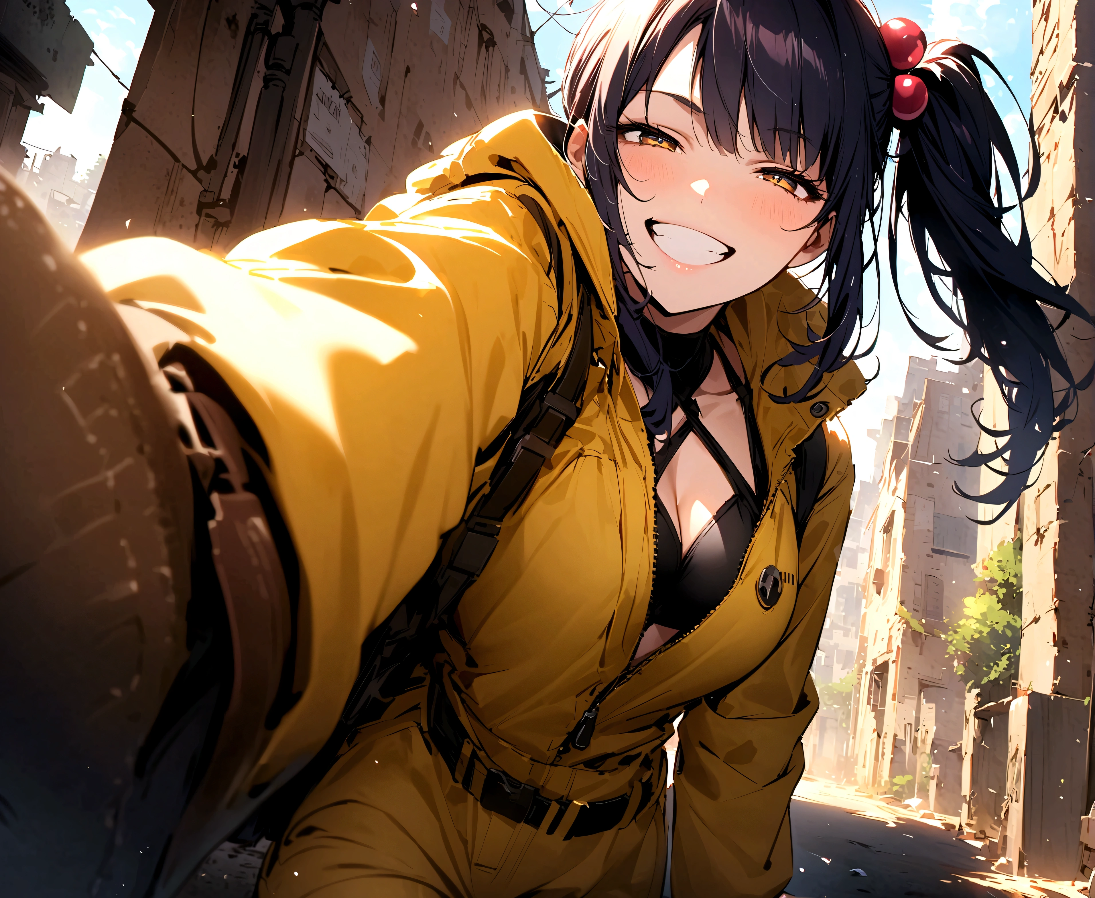 score_9、score_8_up、score_7_up、score_6_up、rating_safe、source_anime、perfect anatomy、ultra details、urami kana、1girl、solo、side ponytail、sidelocks、asymmetrical bangs、hair bobbles、yellow jumpsuit、open jumpsuit、black bikini、brown boots、looking at viewer、smile、grin、half closed eyes、standing、outdoor