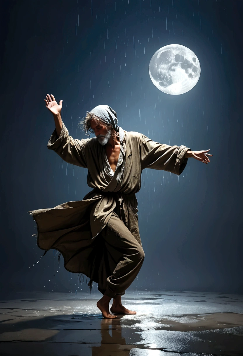 Soul Dancer Mark,A homeless man dancing alone in the moonlight and rain,Barefoot,Loose and worn clothes,Professional Action,Very contagious,Splash,Light and Shadow,Minimalism,artistic conception,Clean background