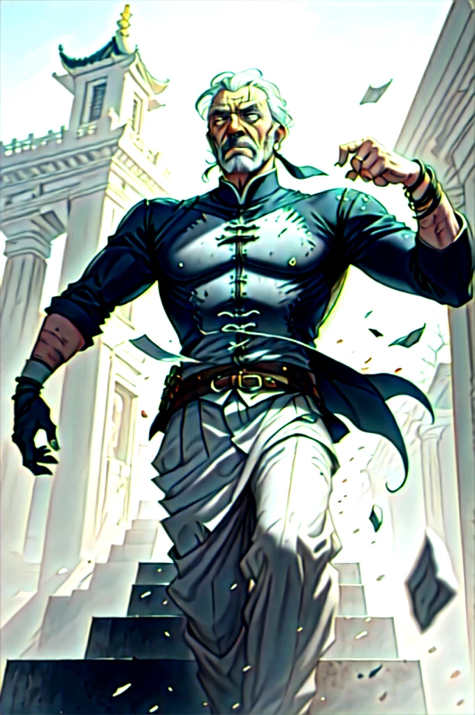 best qualityer,work of art,(1 men, wrinkled face, man old:1.2), wise, grey-eyed, White hair, rosto do Sean Connery, faded fall, Style-GravityMagic, looking away, standing alone, (whole body:0.6), detailed back ground, face detailed, (fancy, dissolving, decay, entropymagic theme:1.1), oriental-like, monge, dynamic pose, posture of fight, Fist Grenching, beating, gloves fingerless, wristbands, martial arts themed clothing, monge robes, oriental-like temple stairs in background, swirling floating particles, Depth of field, dynamic composition, epic oriental-like medieval atmosphere, marvel hero style, 8K, best qualityer.