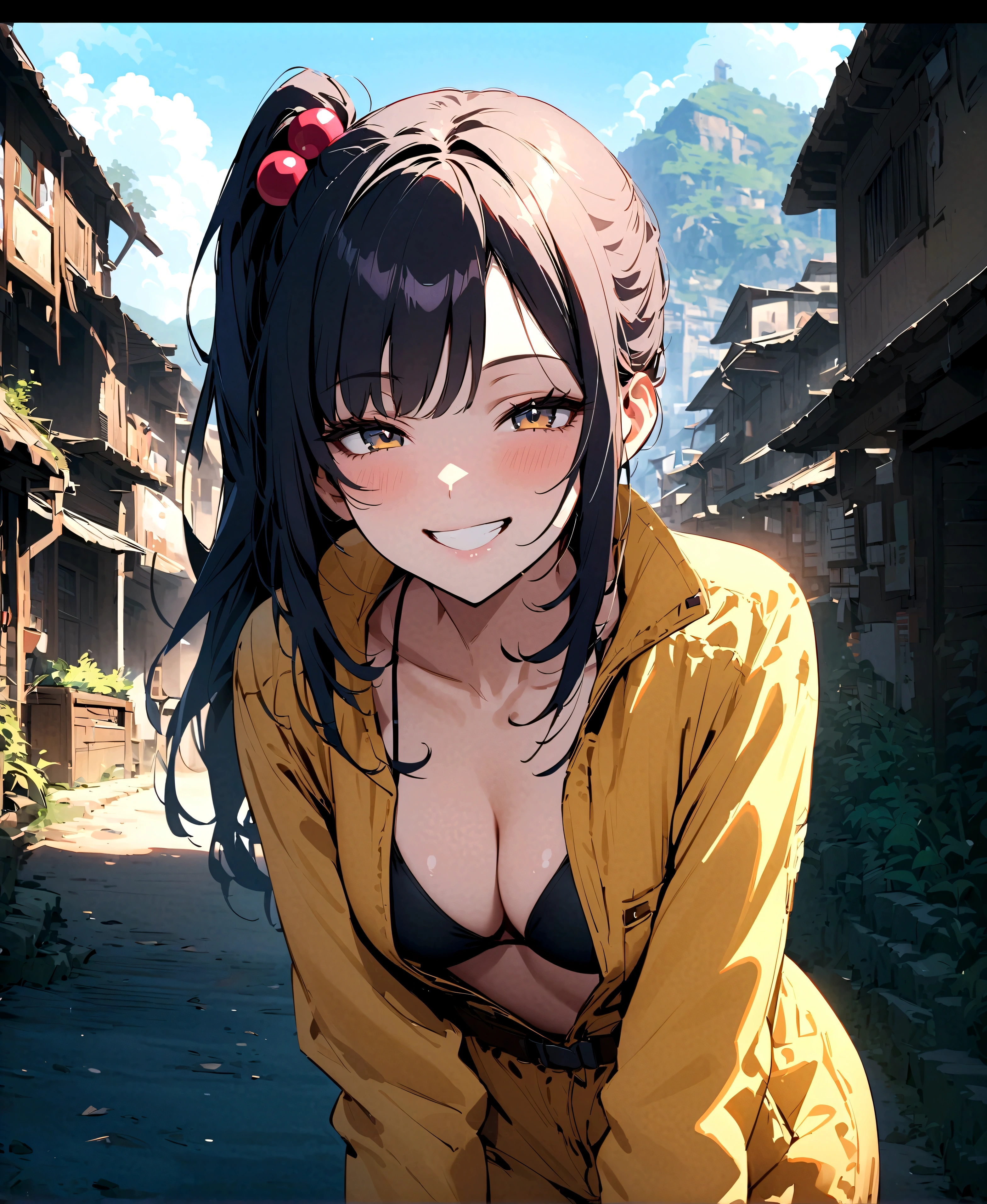 score_9、score_8_up、score_7_up、score_6_up、rating_safe、source_anime、perfect anatomy、ultra details、urami kana、1girl、solo、side ponytail、sidelocks、asymmetrical bangs、hair bobbles、yellow jumpsuit、open jumpsuit、black bikini、brown boots、looking at viewer、smile、grin、half closed eyes、standing、outdoor 