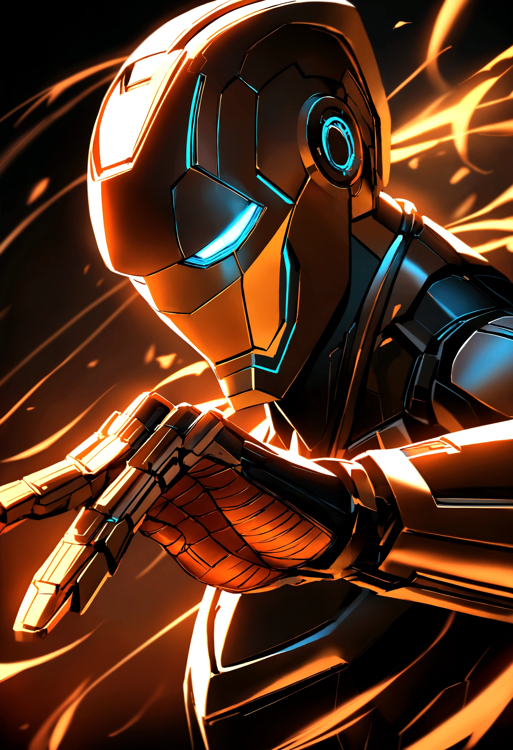 《create》and《Iron Man》combination of, Tron Legacy, Fighting Stance, Clear images, Intricate details, close up, battle scars, Black and Amber theme, simulated world