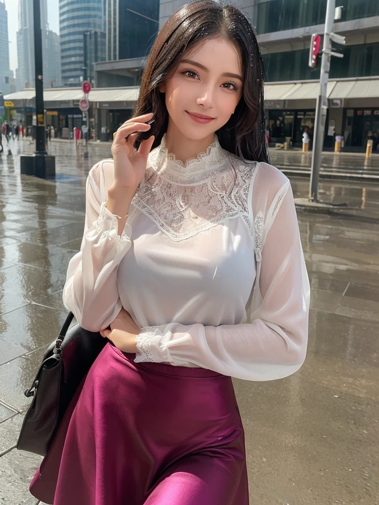 ((best quality, 8K, masterpiece: 1.3)),upper body,Black Hair, black eye,sharp focus: 1.2, beautiful woman with a perfect body: 1.4, ((midiam hair, large: 1.2)), (small and beautiful hard (White long sleeve blouse with lace、Silk Tight darkmagenta long skirt), (wet from rain: 1.2), (rain, street: 1.2), wet body: 1.1, Highly detailed face and skin texture, detailed eyes, double eyelids, White skin,,E cup,smile,Financial district of the big city,Skyscraper,White skin,Wet Hair、Wet Skin、Wet clothes、smile、 