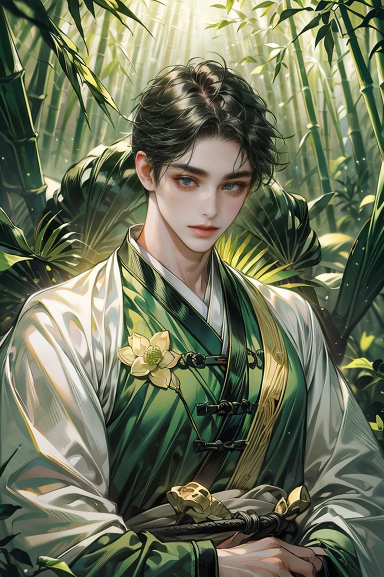 (((best quality))),masterpiece,ultra high resolution,extraordinarily beautiful youth, a bright, innocent smile,All green clothing,((boy 20 year old, green hanfu,green clothing, Chinese shirt style)) ,boy character ,((Thick black long hair)),beautiful face,detailed interior, detailed boy,((man)),(in bamboo forest), house China style, pure white lotus,beautiful and cute boy ,black eyes,((solo man)),(he has a Big eyes, charming lips, slim nose and small face),(slim figures ),