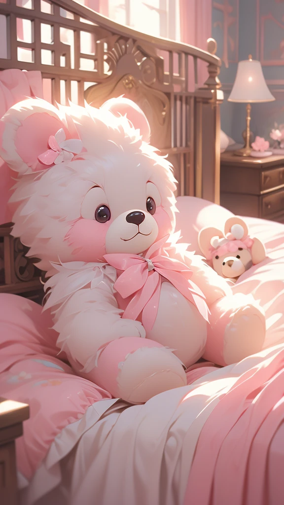 a close up of a bed with a teddy bear on it, with soft pink colors, soft!!, dreamy soft, cozy bed, very comfy, very comfy], soft cute colors, pale, large comfy bed, light pink tonalities, lovely, bed, tufted softly, heaven pink, satin, comfy, dreamy, soft. high quality, dainty