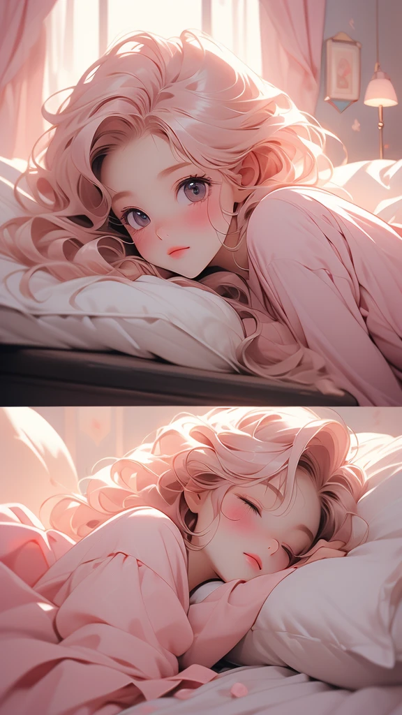 a close up of a bed with a teddy bear on it, with soft pink colors, soft!!, dreamy soft, cozy bed, very comfy, very comfy], soft cute colors, pale, large comfy bed, light pink tonalities, lovely, bed, tufted softly, heaven pink, satin, comfy, dreamy, soft. high quality, dainty