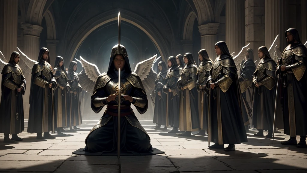 A figure in prayer, surrounded by an aura of light, while shadows lurk around, representing the enemy trying to attack. Ao fundo, a legion of angels holding shining shields and swords."