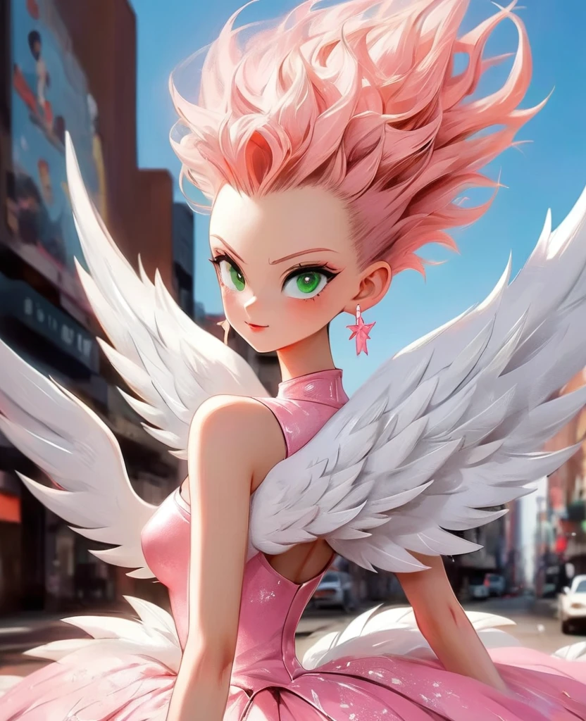 dark atmosphere dark anime HARLEQUINA + Vegeta girl sexy angels bright white wings big tits spiky mohawk hair dress V-cuts walking on a gloomy dark street in neon pink high heels scared style photo realism, fully detailed drawing in black and black and only the big green eyes
