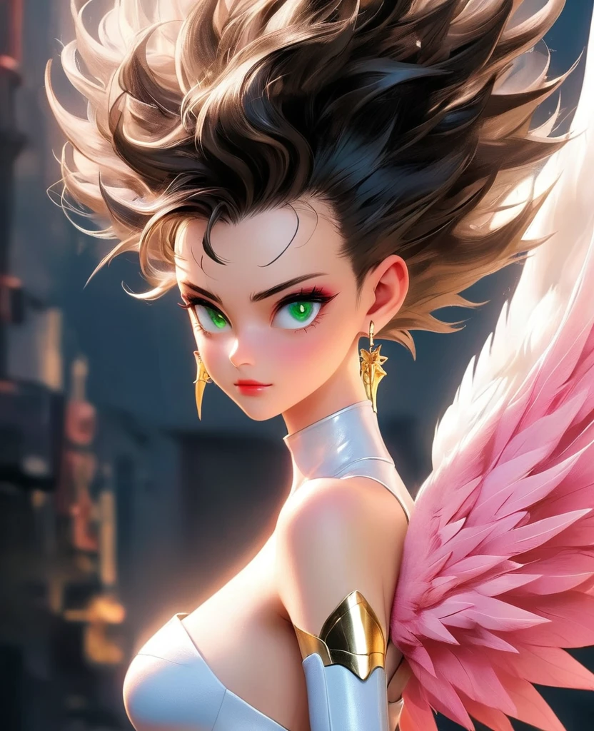 dark atmosphere dark anime HARLEQUINA + Vegeta girl sexy angels bright white wings big tits spiky mohawk hair dress V-cuts walking on a gloomy dark street in neon pink high heels scared style photo realism, fully detailed drawing in black and black and only the big green eyes
