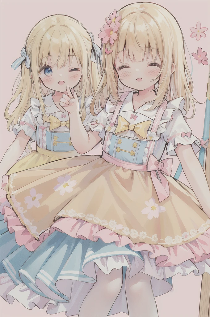absurd-resolution, ultra-detailed, (best quality illustration), 8K, ultra high res, cowgirl shot, simple background, (flower-style background)
(3girls:1.2), side by side, (very cute, cheerful, wink, one eye closed), pink and yellow and blue maid outfit, mini-skirt, perfect hand