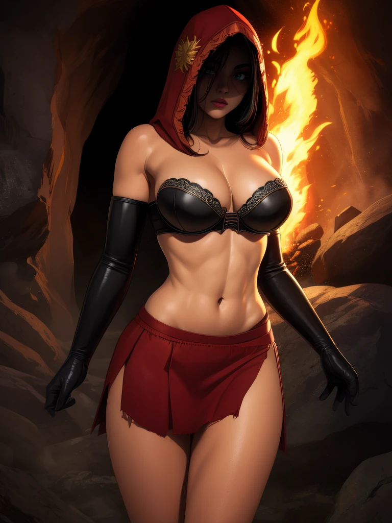 Dsorceress, shadowy face,dark cave, fire, hood, shadowed face, strapless bra, slim and athletic body, miniskirt, no panty, elbow gloves, dark skin, 1 girl (insanely detailed, masterpiece, best quality)